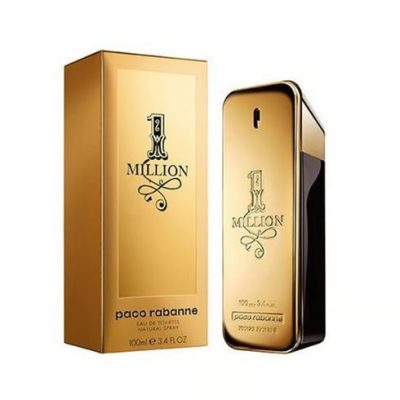 Image of a gold-colored Paco Rabanne 1 Million Eau De Toilette EDT 100ml Spray bottle next to its matching gold box. The bottle features a sleek, luxurious design, and the box prominently displays the product name and brand.