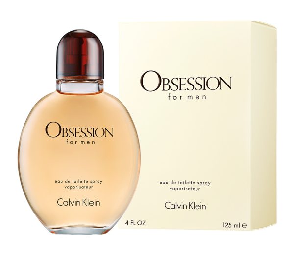 A stick of Calvin Klein Obsession for Men deodorant, 75 ml, displayed in front of its cream-colored box packaging.