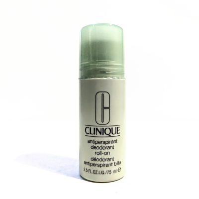 Clinique antiperspirant deodorant roll-on, 2.5 fl. oz. (75 ml) bottle against a white background.