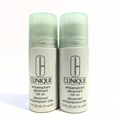 Two Clinique antiperspirant roll-on deodorants, each containing 2.5 fl oz (75 ml) of product, with green translucent caps, are displayed side by side against a white background.