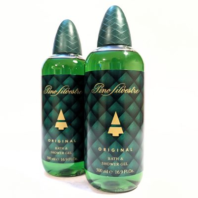 Two bottles of Pino Silvestre Original Bath & Shower Gel, each 500ml, with green quilted design and tree logo on the label.