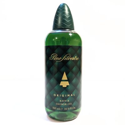 A green bottle of Pino Silvestre Original Bath & Shower Gel, 500ml size, with a quilted design and a golden tree logo on the front.
