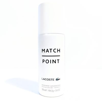 A white cylindrical can of Lacoste Matchpoint deodorant spray, labeled with 150 mL (5.1 fl oz) capacity.