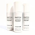 Three Lacoste Match Point deodorant spray bottles, labeled "150 ml e 140.5 g / 5.0 OZ," are standing upright against a white background.