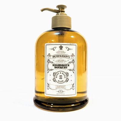 A large amber bottle with a pump dispenser labeled “Penhaligon’s Highgrove Bouquet Body & Hand Wash,” set against a white background.