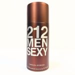 A brown cylindrical spray bottle labeled "212 Men Sexy" by Carolina Herrera, containing 5.1 fl oz (150 ml) of deodorant natural spray.