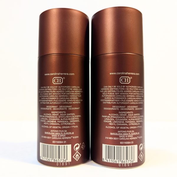 Two identical bottles of deodorant with brown packaging are shown from the back, displaying detailed product information, including ingredients, manufacturer's details, and barcodes.