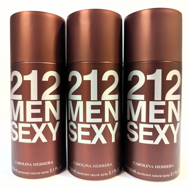 Three bottles of 212 Men Sexy deodorant spray by Carolina Herrera, each with a brown casing and white text.