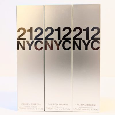Three silver boxes of Carolina Herrera 212 NYC refreshing deodorant natural spray, each 150 ml (5.1 fl oz), are displayed side by side.