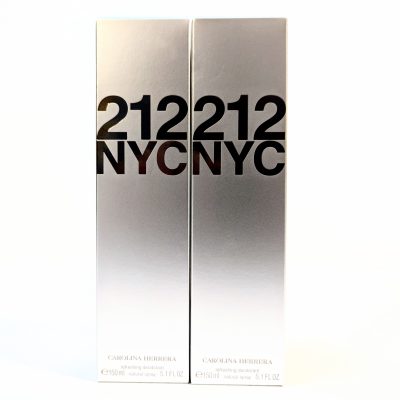 Two metallic silver boxes of "212 NYC" by Carolina Herrera are displayed side by side. Each box contains a 150 ml (5.1 fl. oz.) refreshing deodorant spray.