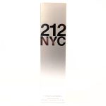 A rectangular silver box with "212 NYC" prominently displayed on the front. Below is text indicating it is a 150ml Carolina Herrera fragrance product.