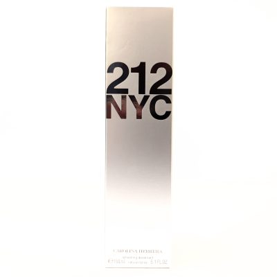 A rectangular silver box with "212 NYC" prominently displayed on the front. Below is text indicating it is a 150ml Carolina Herrera fragrance product.