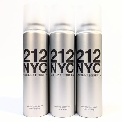 Three silver cans of 212 NYC Carolina Herrera refreshing deodorant natural spray are arranged side by side against a white background.