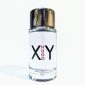 A clear glass bottle of Hugo XY fragrance with a shiny silver cap, filled with colorless liquid, against a plain white background.