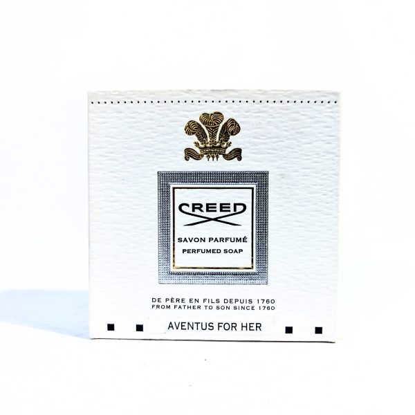 Creed Aventus for Her perfumed soap packaging displaying the brand logo and description text, enclosed in a white box with gold and black detailing.