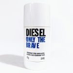 A white container of Diesel Only The Brave deodorant stick with black and blue text, weighing 75g (2.6 oz). The product is alcohol-free.