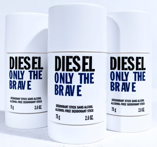 Three white deodorant sticks with the label "Diesel Only The Brave" displayed against a white background.