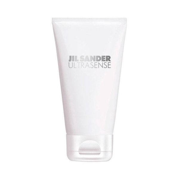 A white tube of 3x Jil Sander Ultrasense White, 150ml Shower Gel Hair for Men with the brand name and product name in grey text.