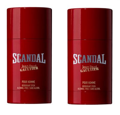 Two red deodorant stick containers labeled "2x Jean Paul Gaultier Scandal Pour Homme, 75ml Deodorant Stick for Men.