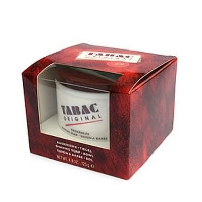 A box of Tabac Refillable Shaving Soap in Bowl, containing 4.4 ounces (125ml) of shaving soap. The box has a clear window displaying the product inside.