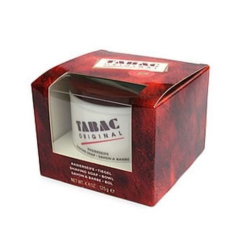 A box of Tabac Refillable Shaving Soap in Bowl, containing 4.4 ounces (125ml) of shaving soap. The box has a clear window displaying the product inside.