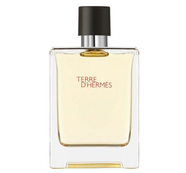 A clear rectangular perfume bottle with a black cap, labeled "Hermès Terre d'Hermès 100ml EDT for Men," containing a light amber liquid.