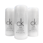 Three clear white deodorant sticks labeled "ck one deodorant Calvin Klein NET. WT. 2.6 OZ 75 g" are displayed on a white background.