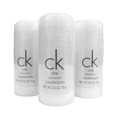 Three clear white deodorant sticks labeled "ck one deodorant Calvin Klein NET. WT. 2.6 OZ 75 g" are displayed on a white background.