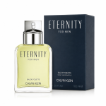 A bottle of Calvin Klein Eternity For Men Eau De Toilette for Men, 100ml is positioned beside its dark blue box, both featuring the product name and brand.