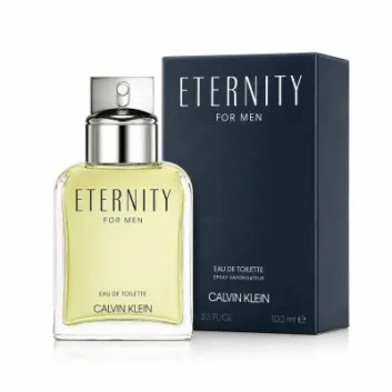 A bottle of Calvin Klein Eternity For Men Eau De Toilette for Men, 100ml is positioned beside its dark blue box, both featuring the product name and brand.