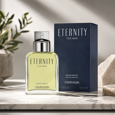 A bottle and box of Calvin Klein Eternity For Men Eau De Toilette for Men, 100ml are displayed on a marble surface, with plants and neutral decor in the background.