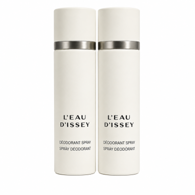 Two identical 100ml cans of Issey Miyake L’eau D’Issey Deodorant Spray for Women, featuring white packaging with black text and a silver band near the top, are displayed side by side on a white background.
