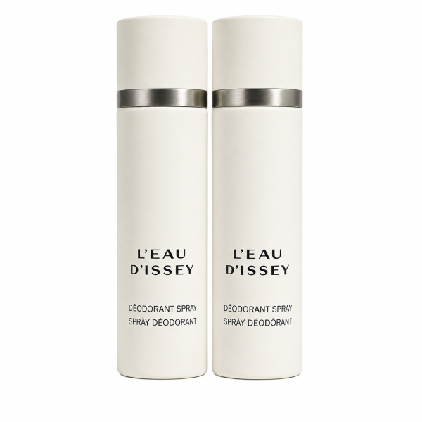 Two identical 100ml cans of Issey Miyake L’eau D’Issey Deodorant Spray for Women, featuring white packaging with black text and a silver band near the top, are displayed side by side on a white background.