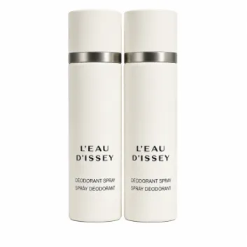 Two identical 100ml cans of Issey Miyake L’eau D’Issey Deodorant Spray for Women, featuring white packaging with black text and a silver band near the top, are displayed side by side on a white background.