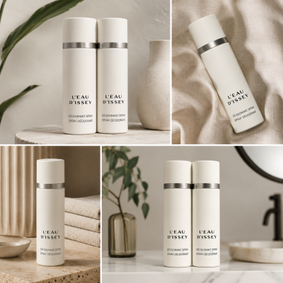 Collage featuring bottles of 2x Issey Miyake L’eau D’issey 100ml Deodorant Spray for Women, displayed on neutral backgrounds with plants and minimalist decor accents.