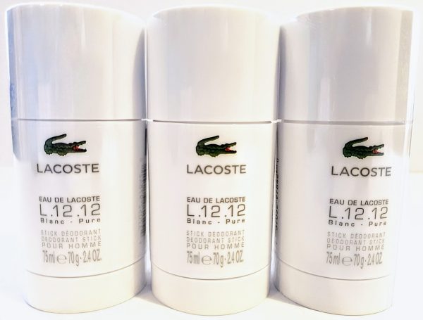 Three Lacoste L.12.12 Blanc Pure stick deodorants for men, each 75ml, displayed side by side.