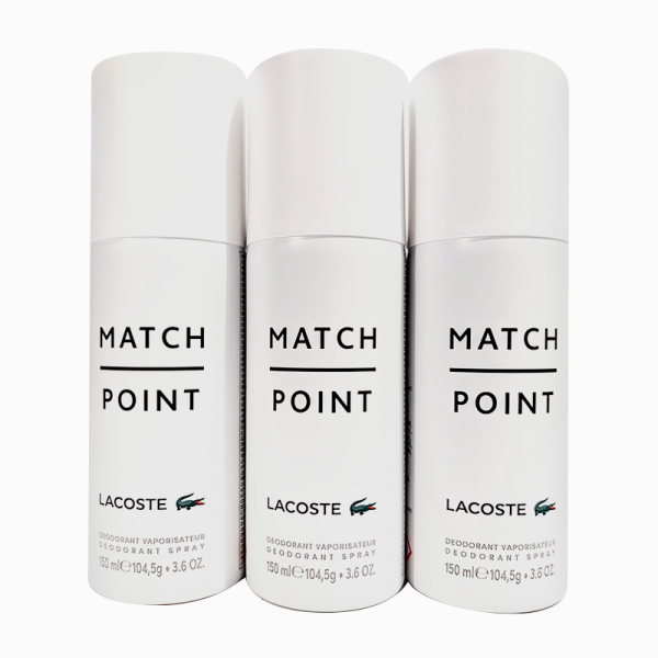 Three white cans of Lacoste Match Point Deodorant Spray, each with 150 mL capacity, are lined up side by side.