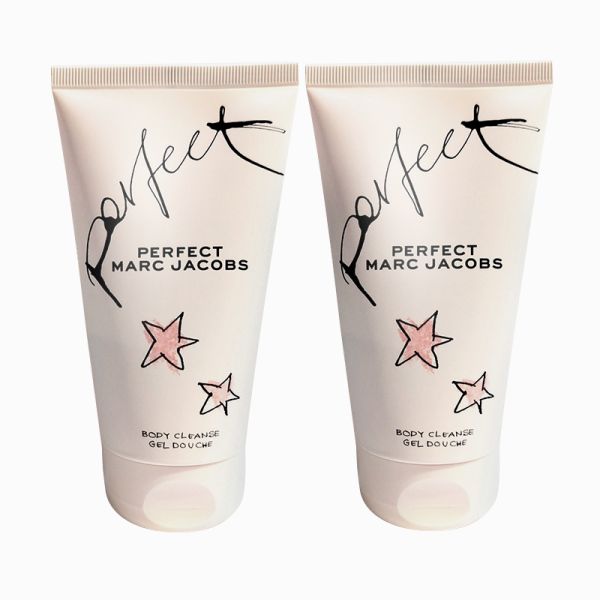 Two tubes of "Perfect Marc Jacobs" body cleanse gel douche with star graphics, standing side by side against a white background.