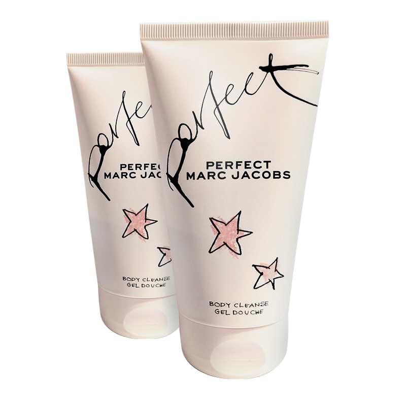 Two white tubes of “Perfect Marc Jacobs” body cleanser with black and pink lettering and star graphics.