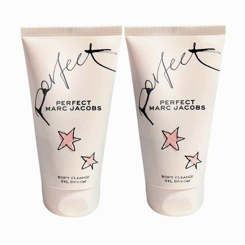 Two tubes of “Perfect Marc Jacobs” body cleanse gel douche with star graphics, standing side by side against a white background.