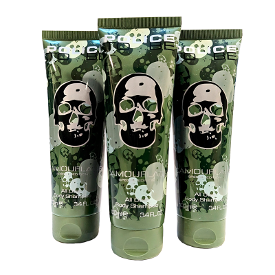 Three green tubes of “Police” brand all-in-one body shampoo, each with a skull and camouflage design, standing upright and partially overlapping. Each tube contains 100 ml (3.4 fl oz) of product.