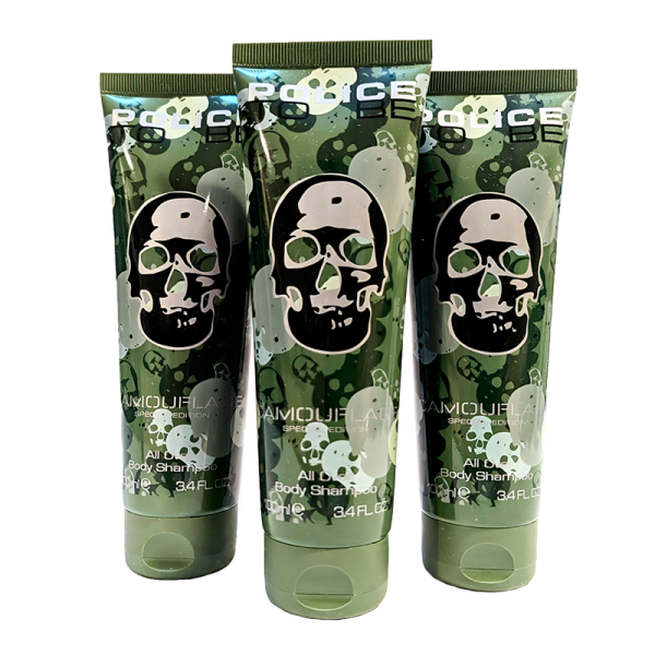 Three green tubes of "Police" brand all-in-one body shampoo, each with a skull and camouflage design, standing upright and partially overlapping. Each tube contains 100 ml (3.4 fl oz) of product.