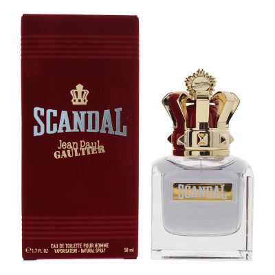 A bottle of Jean Paul Gaultier Scandal Pour Homme Eau de Toilette 50ml Refillable Spray for men, next to its red box. The bottle is adorned with a gold crown-shaped cap and contains 1.7 fl oz (50 ml) of the fragrance.