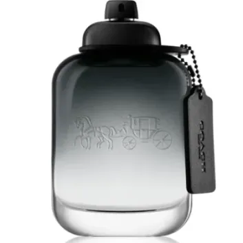 A 40ml Coach for Men Eau de Toilette bottle with a black cap, embossed horse and carriage logo, and a black chain-attached tag.