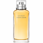 A clear rectangular bottle of Davidoff Horizon Eau de Toilette 125ml Spray for men, featuring a silver cap and amber-colored liquid, displayed against a white background.
