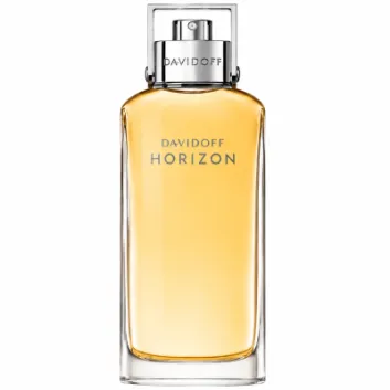 A clear rectangular bottle of Davidoff Horizon Eau de Toilette 125ml Spray for men, featuring a silver cap and amber-colored liquid, displayed against a white background.