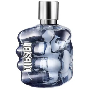 Diesel Only the Brave 50ml EDT for Men comes in a clear blue, fist-shaped bottle with a silver cap and raised silver "DIESEL" lettering on the side.