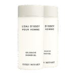 Two bottles of Issey Miyake L'eau D'issey 200ml shower gel for men with black text are shown against a plain background.