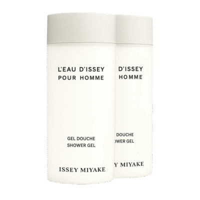 Two bottles of Issey Miyake L'eau D'issey 200ml shower gel for men with black text are shown against a plain background.