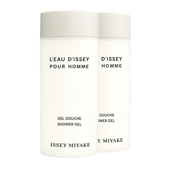 Two bottles of Issey Miyake L'eau D'issey 200ml shower gel for men with black text are shown against a plain background.